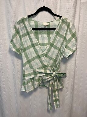 Max Studio Green & White Plaid Wrap Blouse